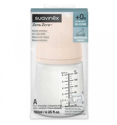 Suavinex Zero Zero - Butelka antykolkowa 180 ml, przepływ adaptacyjny | A - fair